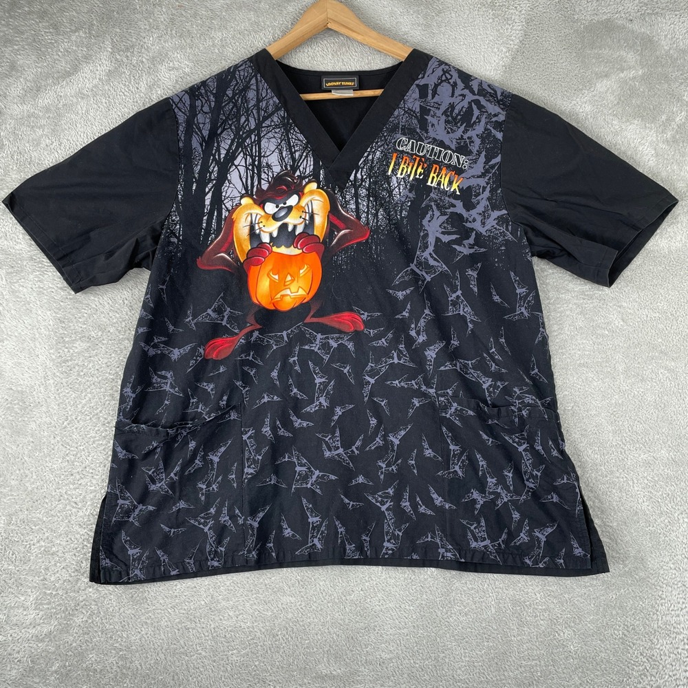 Looney Tunes Scrub Top Womens XL Black Taz Halloween Bats Pumpkin V-Neck Pocket